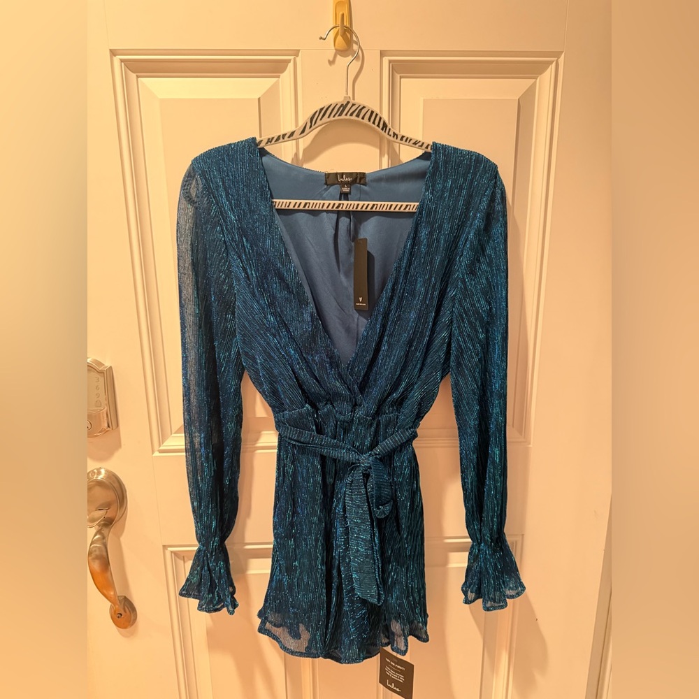 Lulu's Shimmering Teal Long Sleeve Wrap Romper